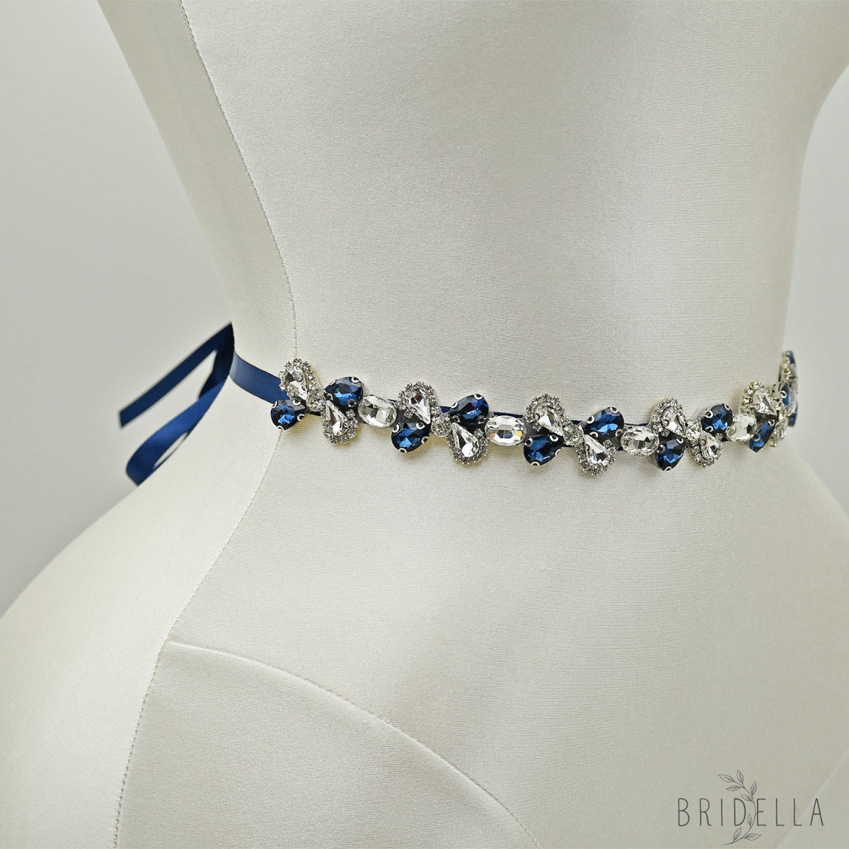 Navy Blue Rhinestone Bridal Belt Adjustable Waist Sash Bridella BS212ML - Navy - Belts