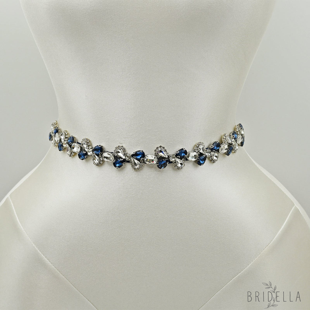 Navy Blue Rhinestone Bridal Belt Adjustable Waist Sash Bridella BS212ML - Navy - Belts
