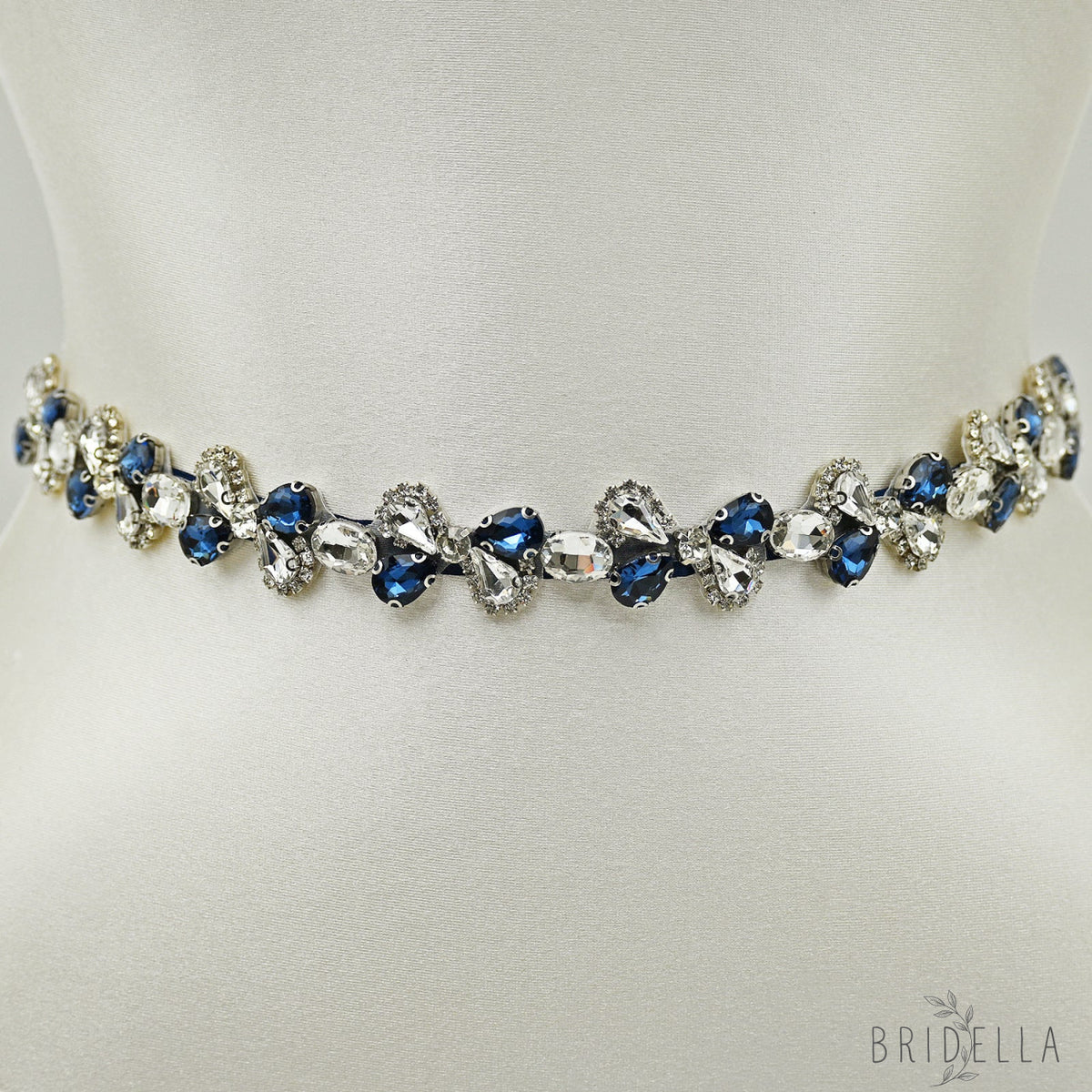 Navy Blue Rhinestone Bridal Belt Adjustable Waist Sash Bridella BS212ML - Navy - Belts