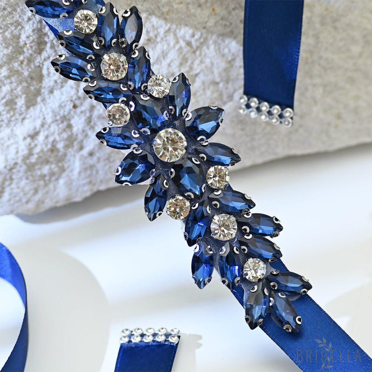 Navy Blue Rhinestone Bridal Sash Ribbon Wedding Dress Belt – Bridella BS243ML - Blue - Belts