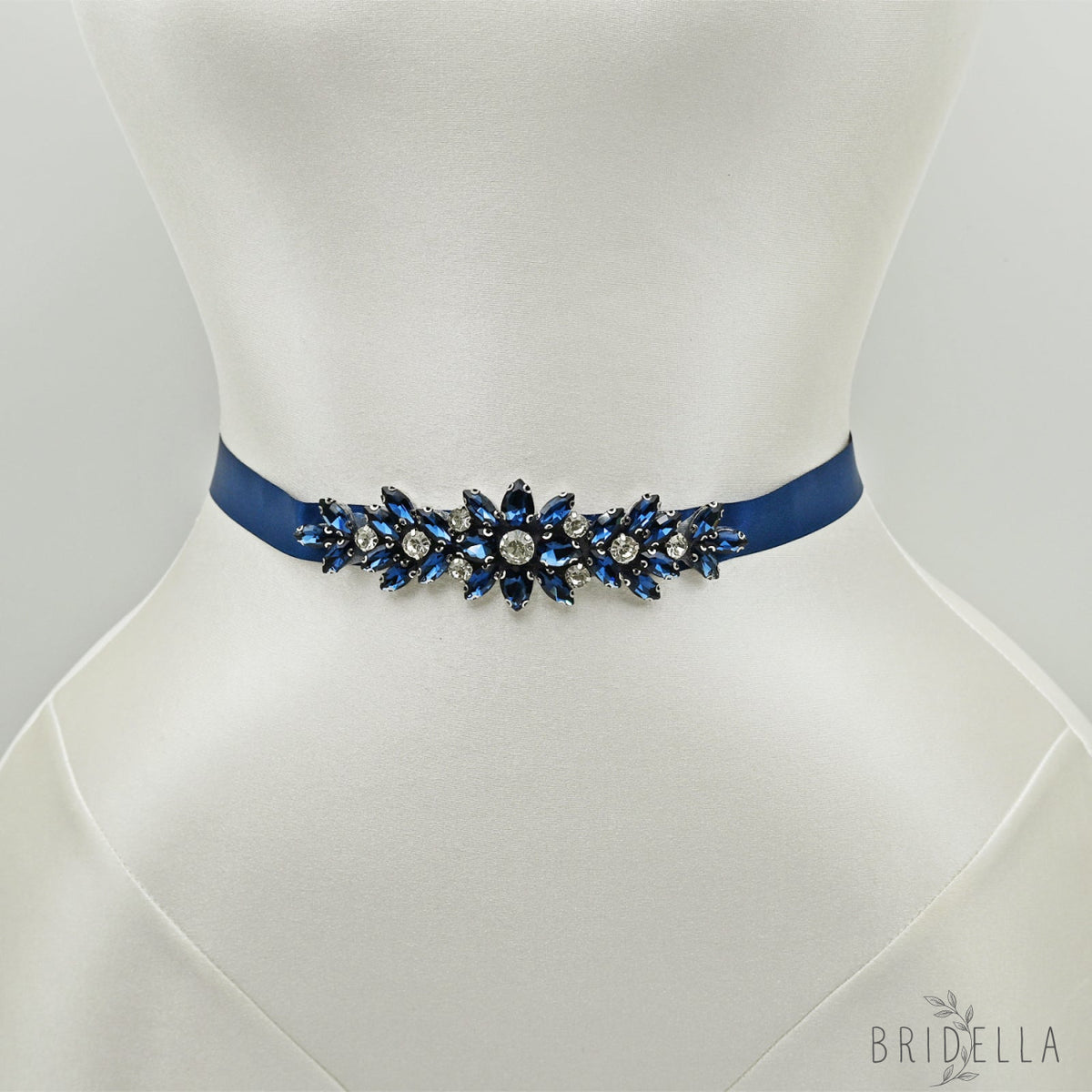 Navy Blue Rhinestone Bridal Sash Ribbon Wedding Dress Belt – Bridella BS243ML - Blue - Belts
