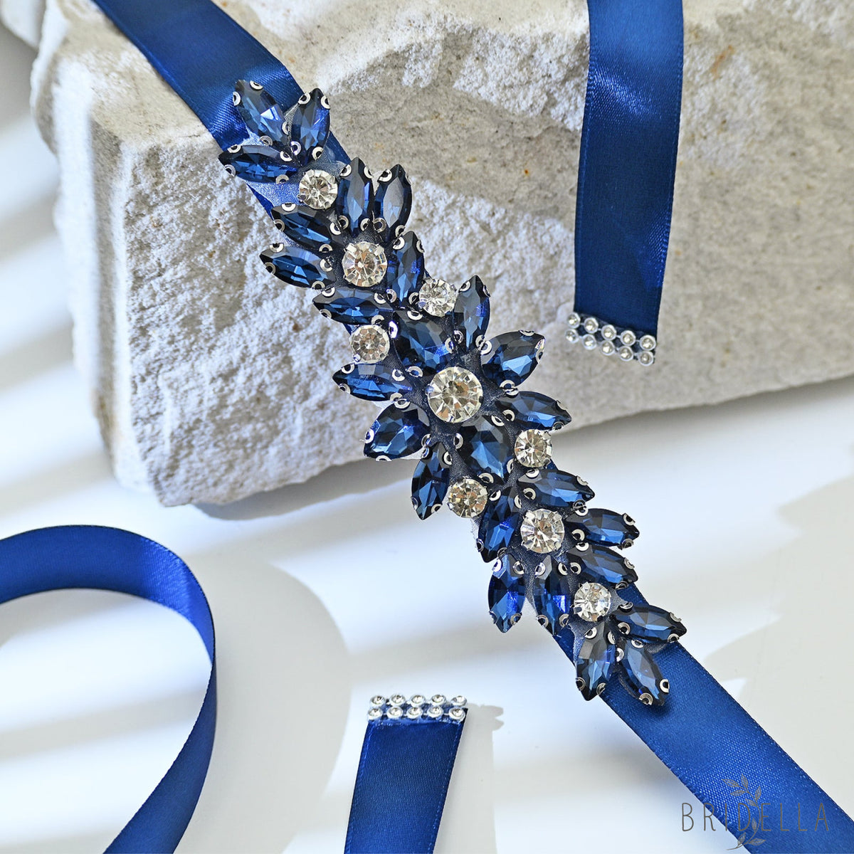 Navy Blue Rhinestone Bridal Sash Ribbon Wedding Dress Belt – Bridella BS243ML - Blue - Belts