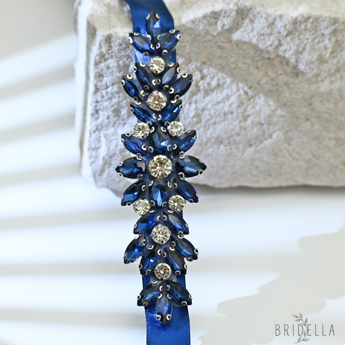 Navy Blue Rhinestone Bridal Sash Ribbon Wedding Dress Belt – Bridella BS243ML - Blue - Belts