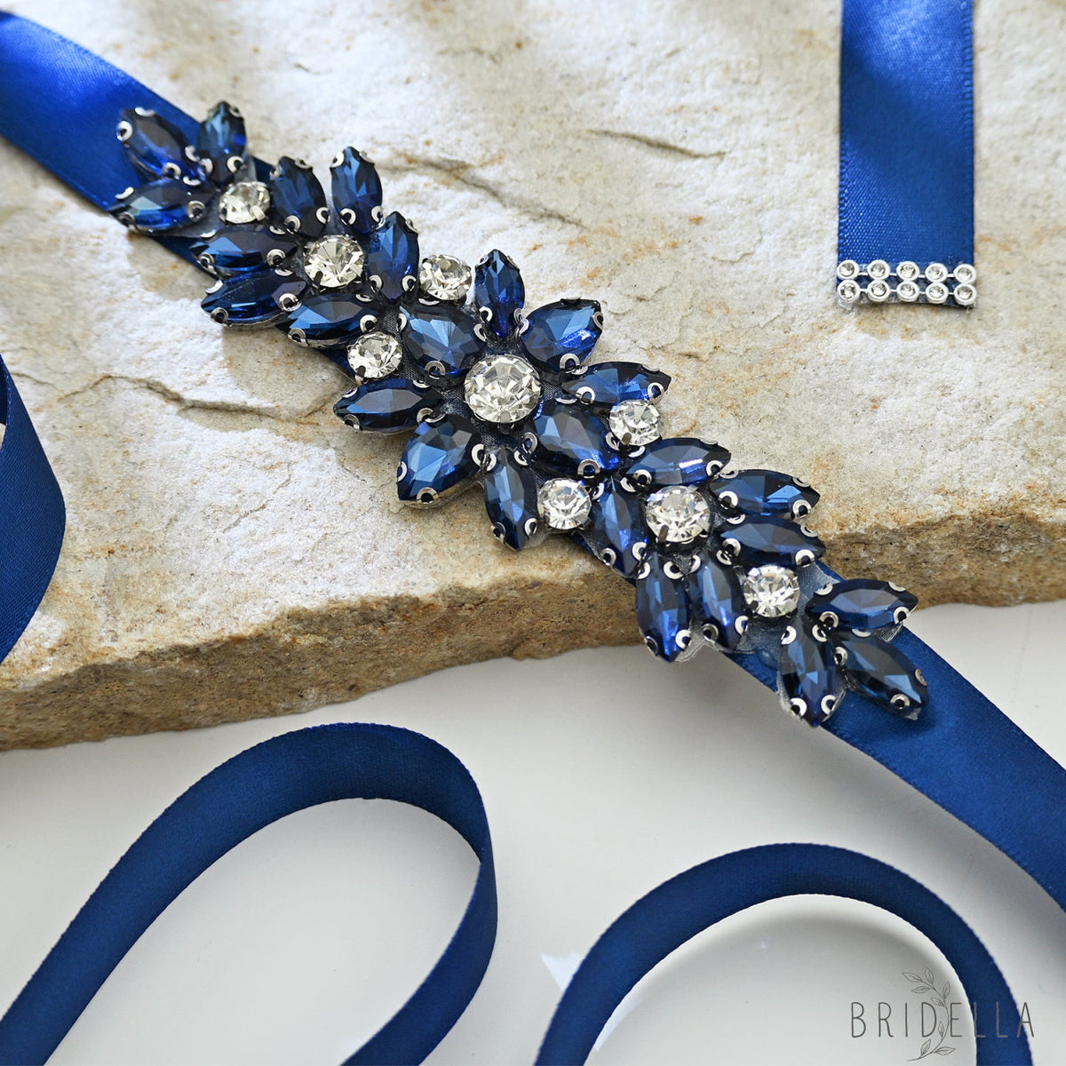Navy Blue Rhinestone Bridal Sash Ribbon Wedding Dress Belt – Bridella BS243ML - Blue - Belts
