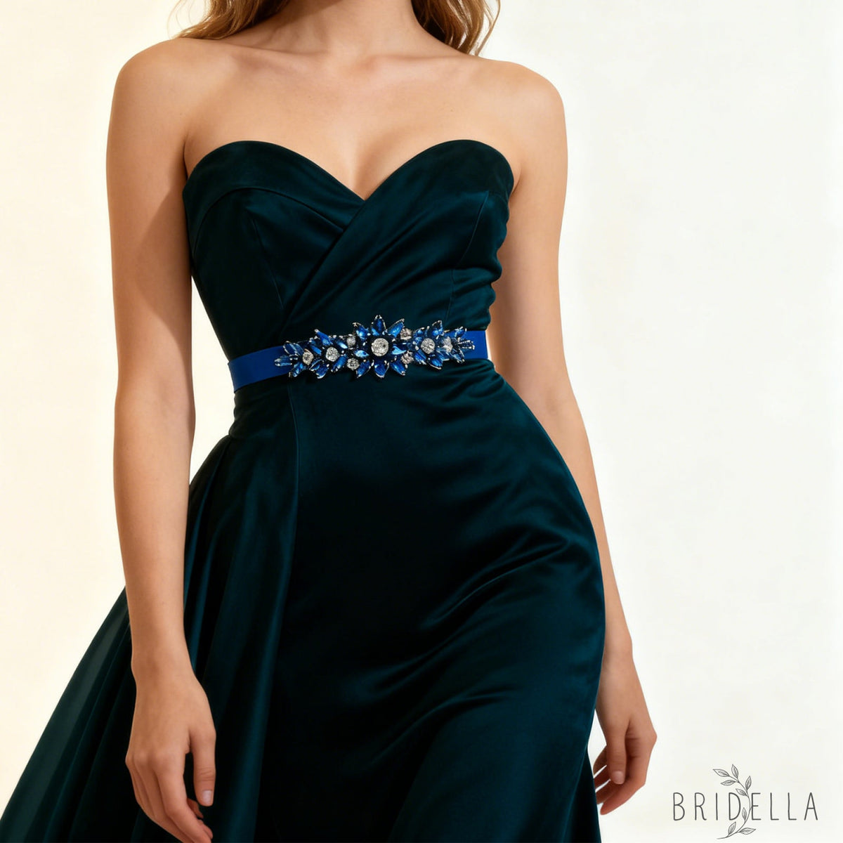 Navy Blue Rhinestone Bridal Sash Ribbon Wedding Dress Belt – Bridella BS243ML - Blue - Belts