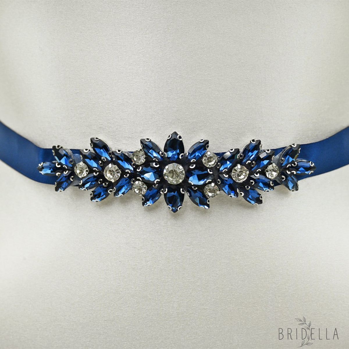 Navy Blue Rhinestone Bridal Sash Ribbon Wedding Dress Belt – Bridella BS243ML - Blue - Belts