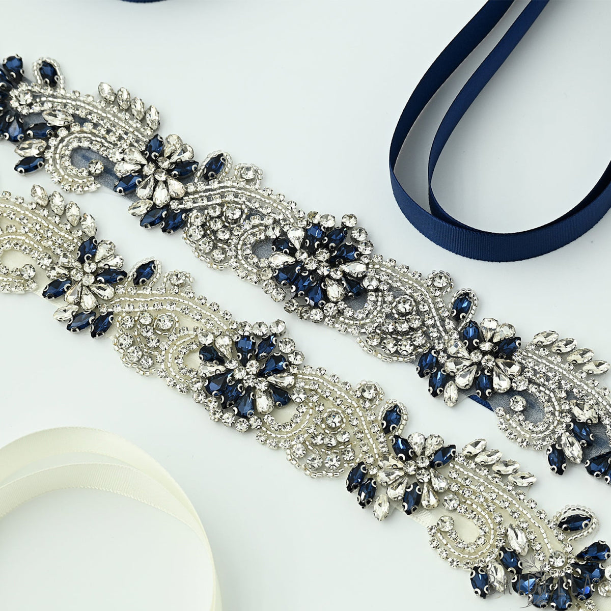 Navy Blue Rhinestone Bridal Sash Wedding Dress Belt – Bridella BS106ML - Navy - Belts