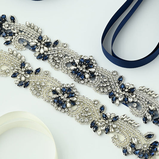 Navy Blue Rhinestone Bridal Sash Wedding Dress Belt – Bridella BS106ML - Navy - Belts