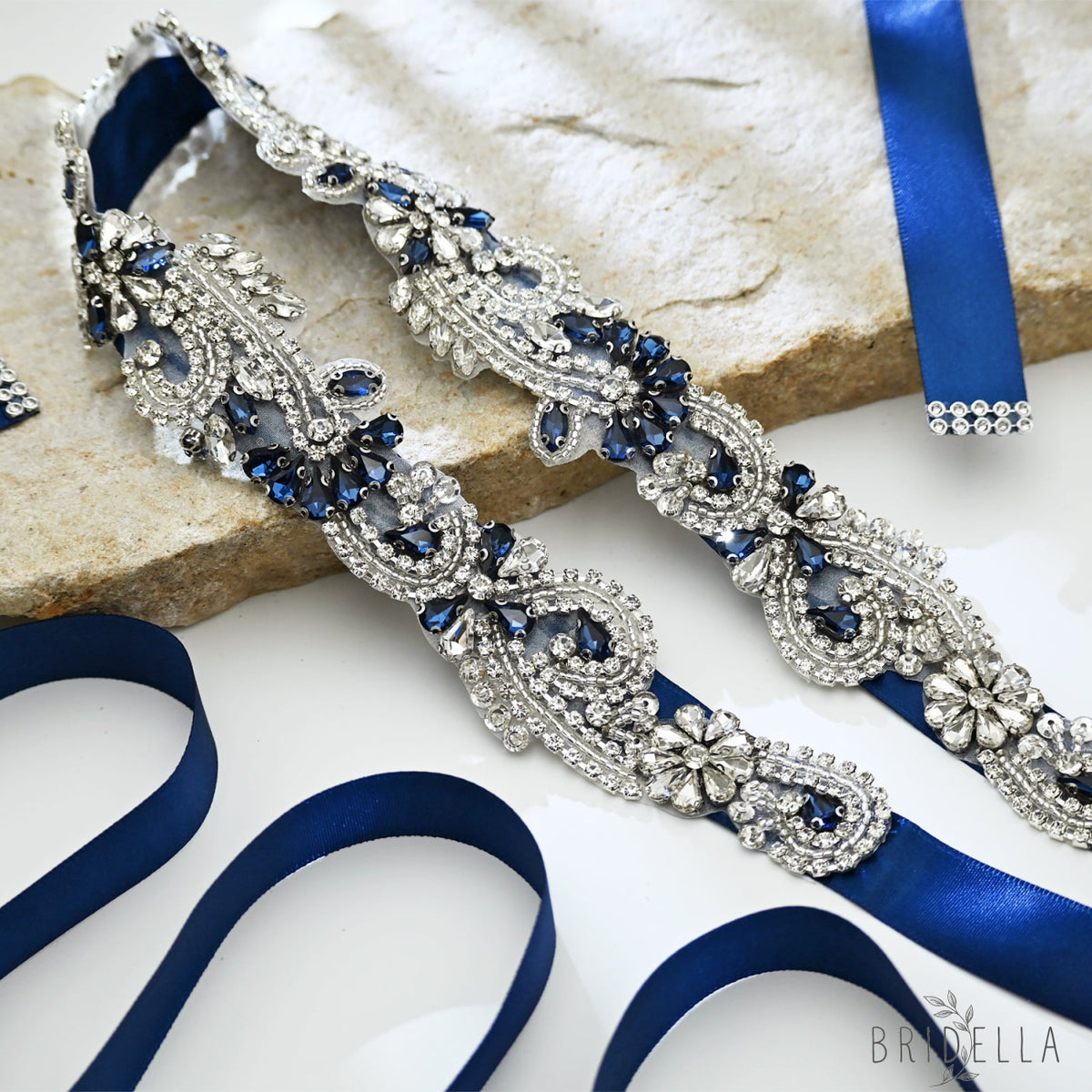 Navy Blue Rhinestone Bridal Sash Wedding Dress Belt – Bridella BS106ML - Navy - Belts
