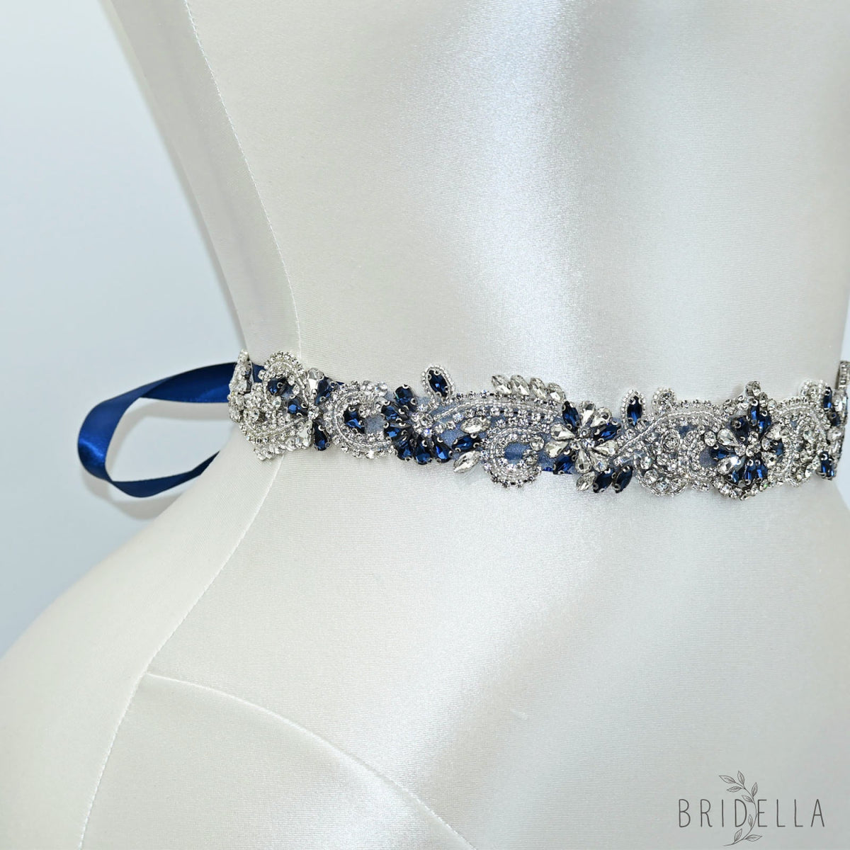 Navy Blue Rhinestone Bridal Sash Wedding Dress Belt – Bridella BS106ML - Navy - Belts