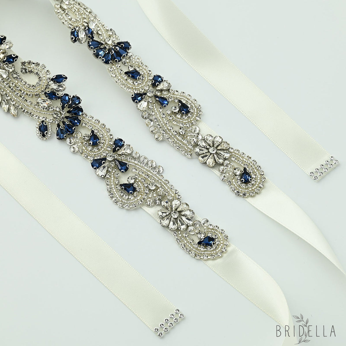 Navy Blue Rhinestone Bridal Sash Wedding Dress Belt – Bridella BS106ML - Navy - Belts