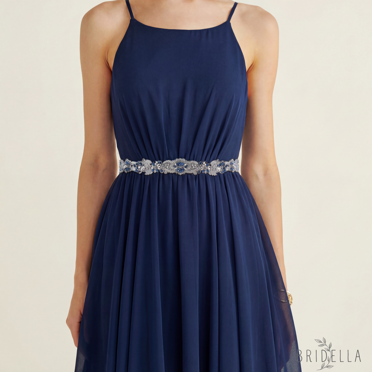 Navy Blue Rhinestone Bridal Sash Wedding Dress Belt – Bridella BS106ML - Navy - Belts