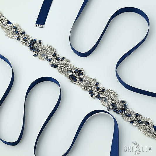 Navy Blue Rhinestone Bridal Sash Wedding Dress Belt – Bridella BS106ML - Navy - Belts