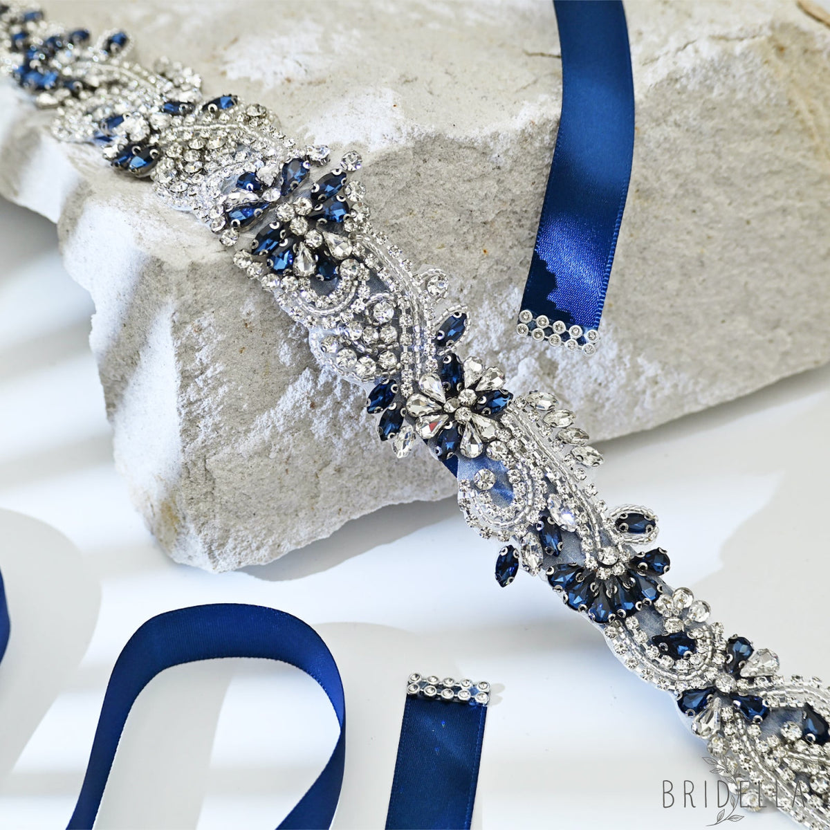Navy Blue Rhinestone Bridal Sash Wedding Dress Belt – Bridella BS106ML - Navy - Belts