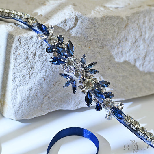Navy Blue Rhinestone Bridal Sash Wedding Dress Belt – Bridella BS166ML - Navy - Belts