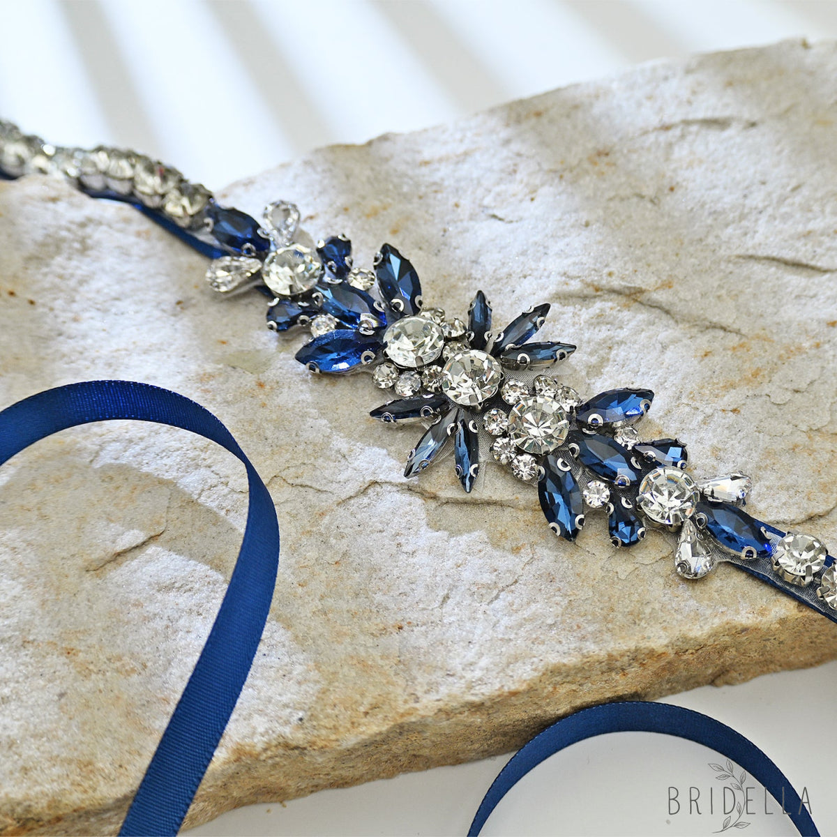 Navy Blue Rhinestone Bridal Sash Wedding Dress Belt – Bridella BS166ML - Navy - Belts