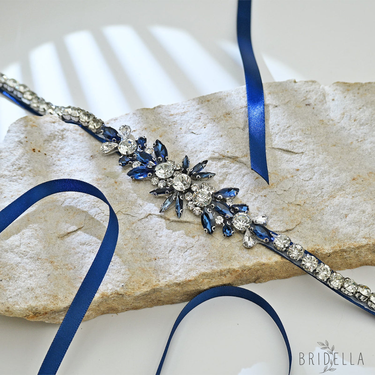 Navy Blue Rhinestone Bridal Sash Wedding Dress Belt – Bridella BS166ML - Navy - Belts
