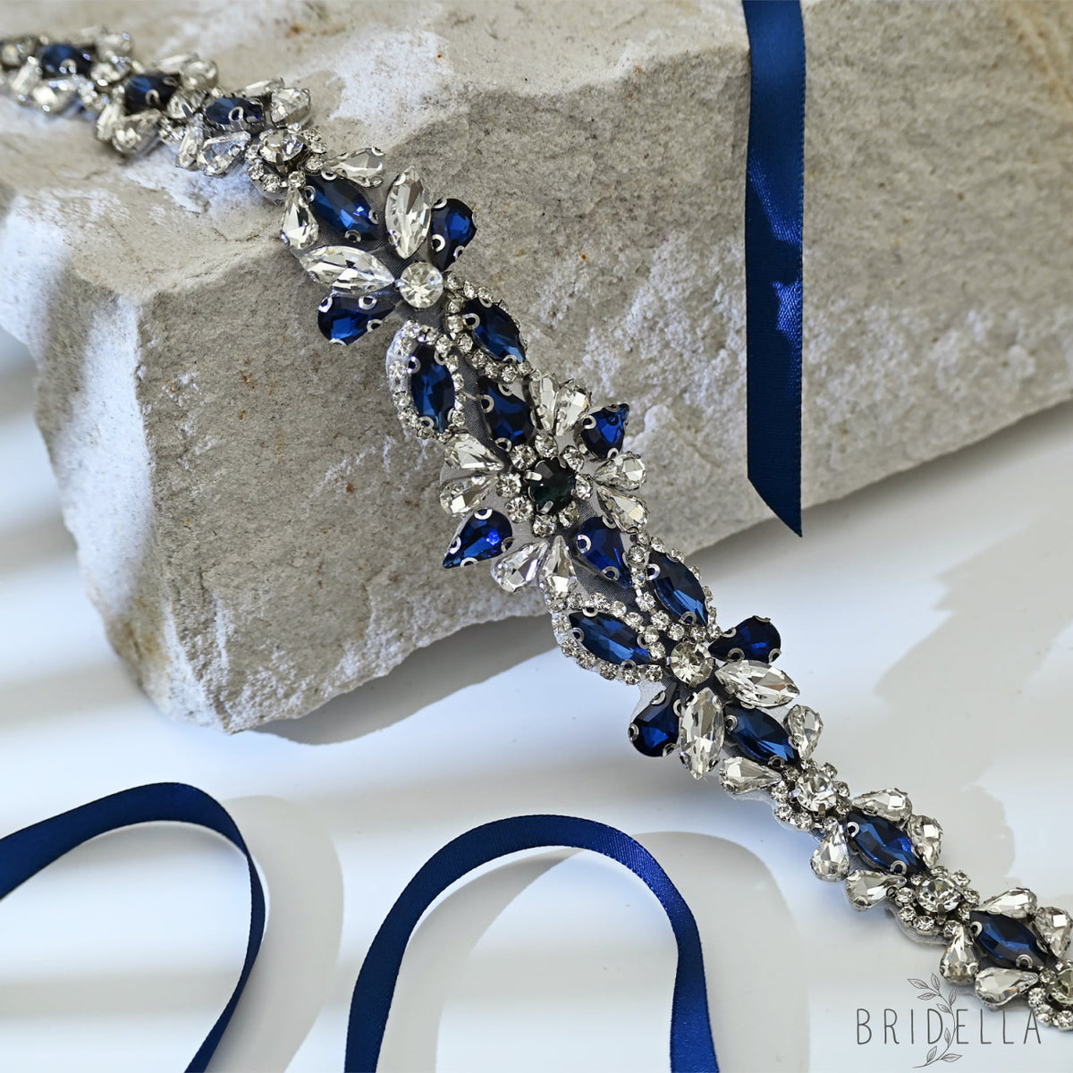 Navy Blue Rhinestone Bridal Sash Wedding Dress Belt – Bridella BS167ML - Navy - Belts