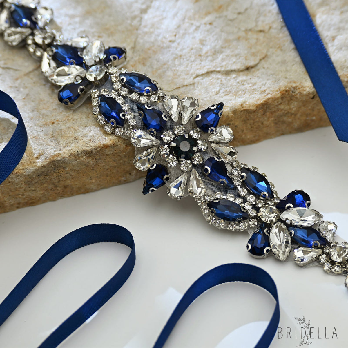 Navy Blue Rhinestone Bridal Sash Wedding Dress Belt – Bridella BS167ML - Navy - Belts