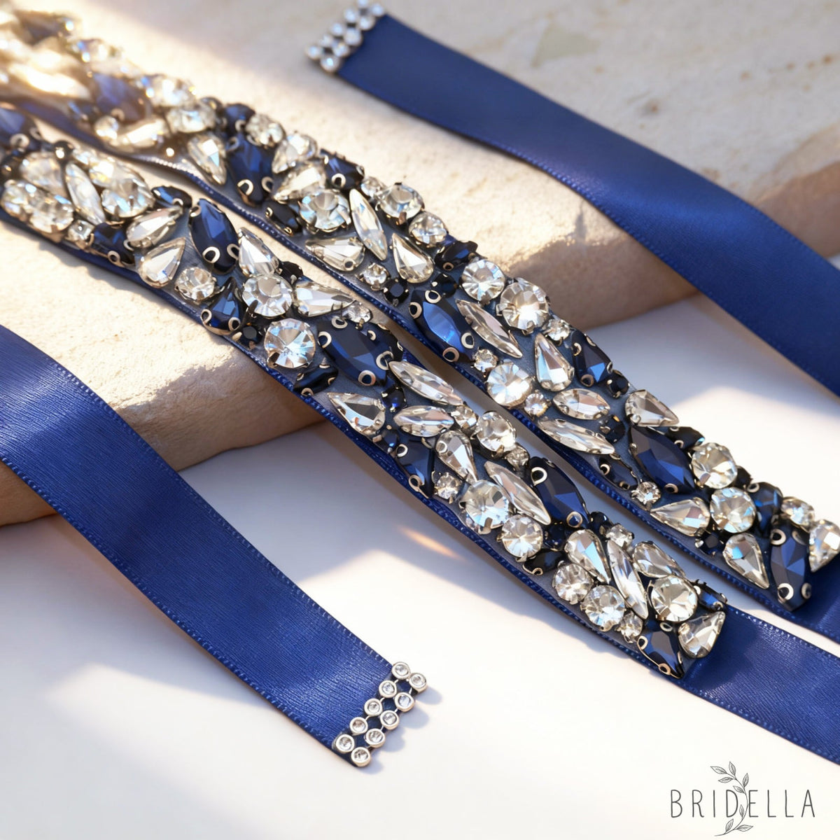 Navy Rhinestone Bridal Belt – Bridella BS85ML - Navy Blue Ribbon - Belts