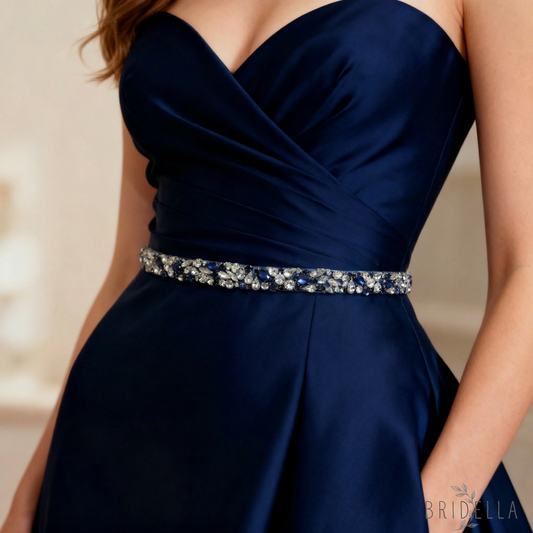 Navy Rhinestone Bridal Belt – Bridella BS85ML - Navy Blue Ribbon - Belts
