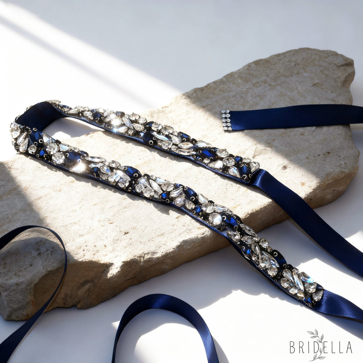 Navy Rhinestone Bridal Belt – Bridella BS85ML - Navy Blue Ribbon - Belts