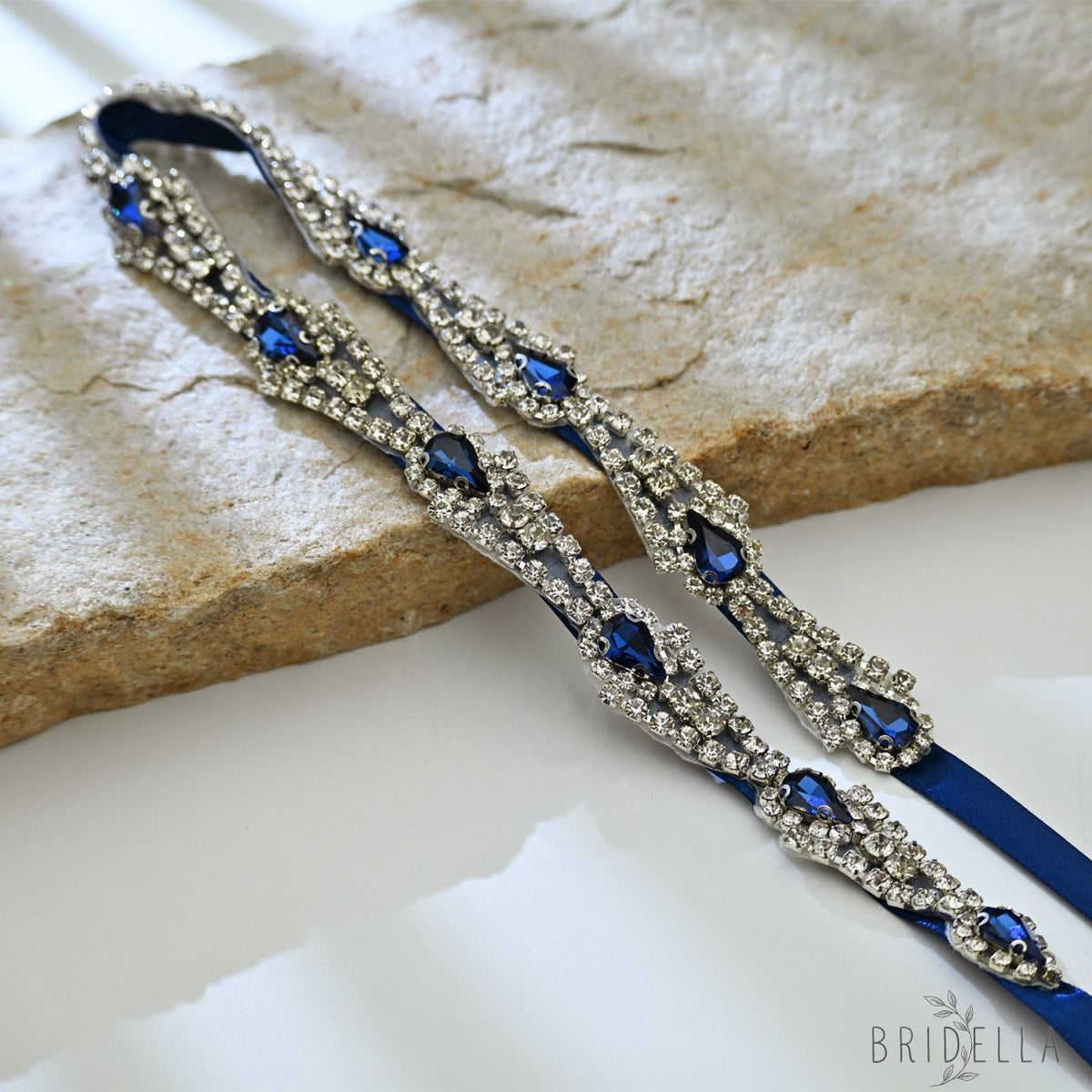 Navy Rhinestone Bridal Belt Wedding Sash - Navy Blue Ribbon - Belts
