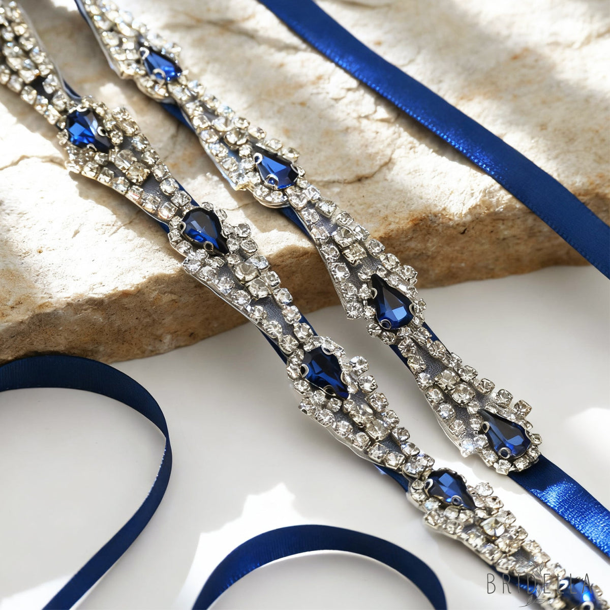 Navy Rhinestone Bridal Belt Wedding Sash - Navy Blue Ribbon - Belts
