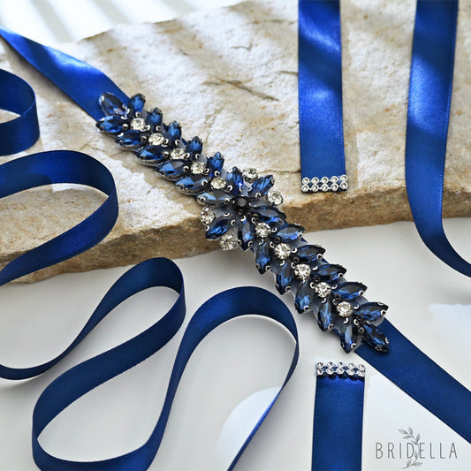 Navy Rhinestone Bridal Belt Wedding Sash - Navy Blue Ribbon - Belts