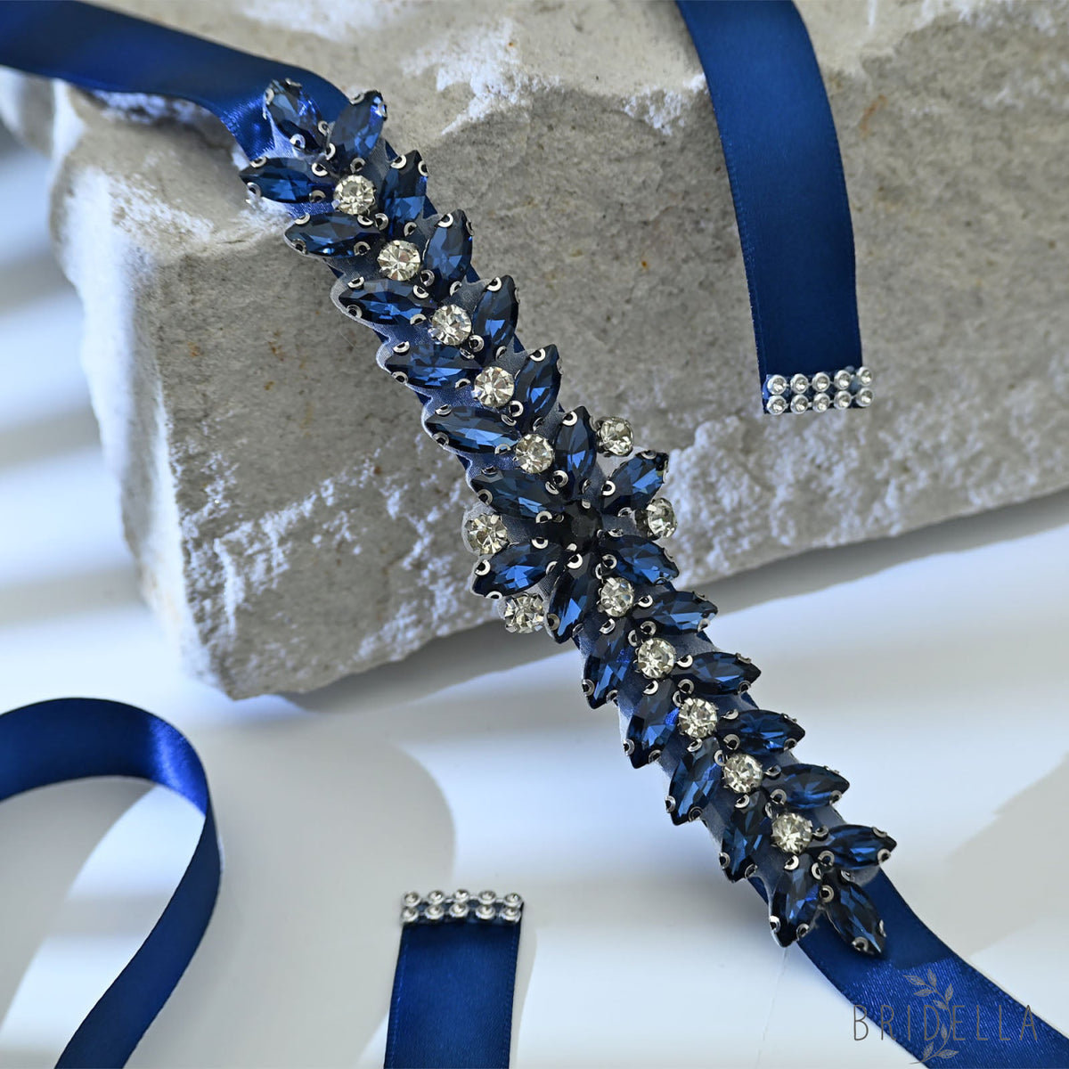 Navy Rhinestone Bridal Belt Wedding Sash - Navy Blue Ribbon - Belts