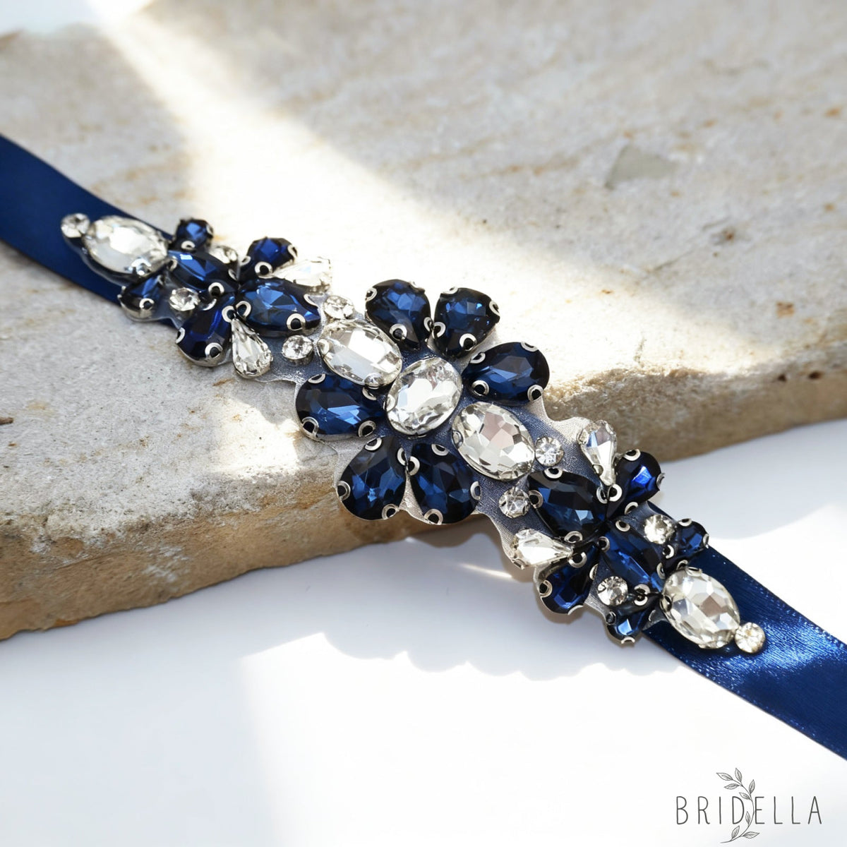 Navy Rhinestone Bridal Belt Wedding Sash - Navy Blue Ribbon - Blets