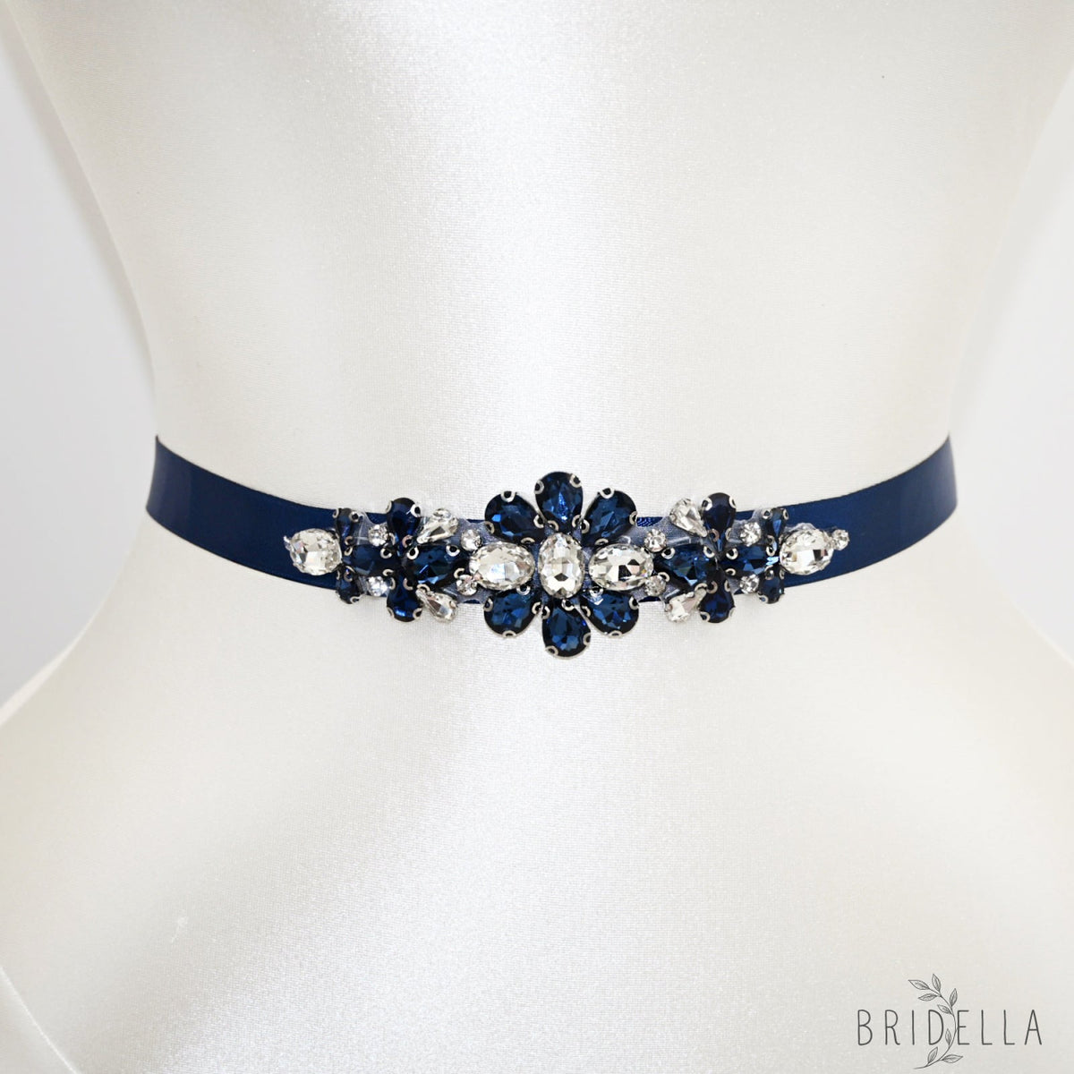 Navy Rhinestone Bridal Belt Wedding Sash - Navy Blue Ribbon - Blets