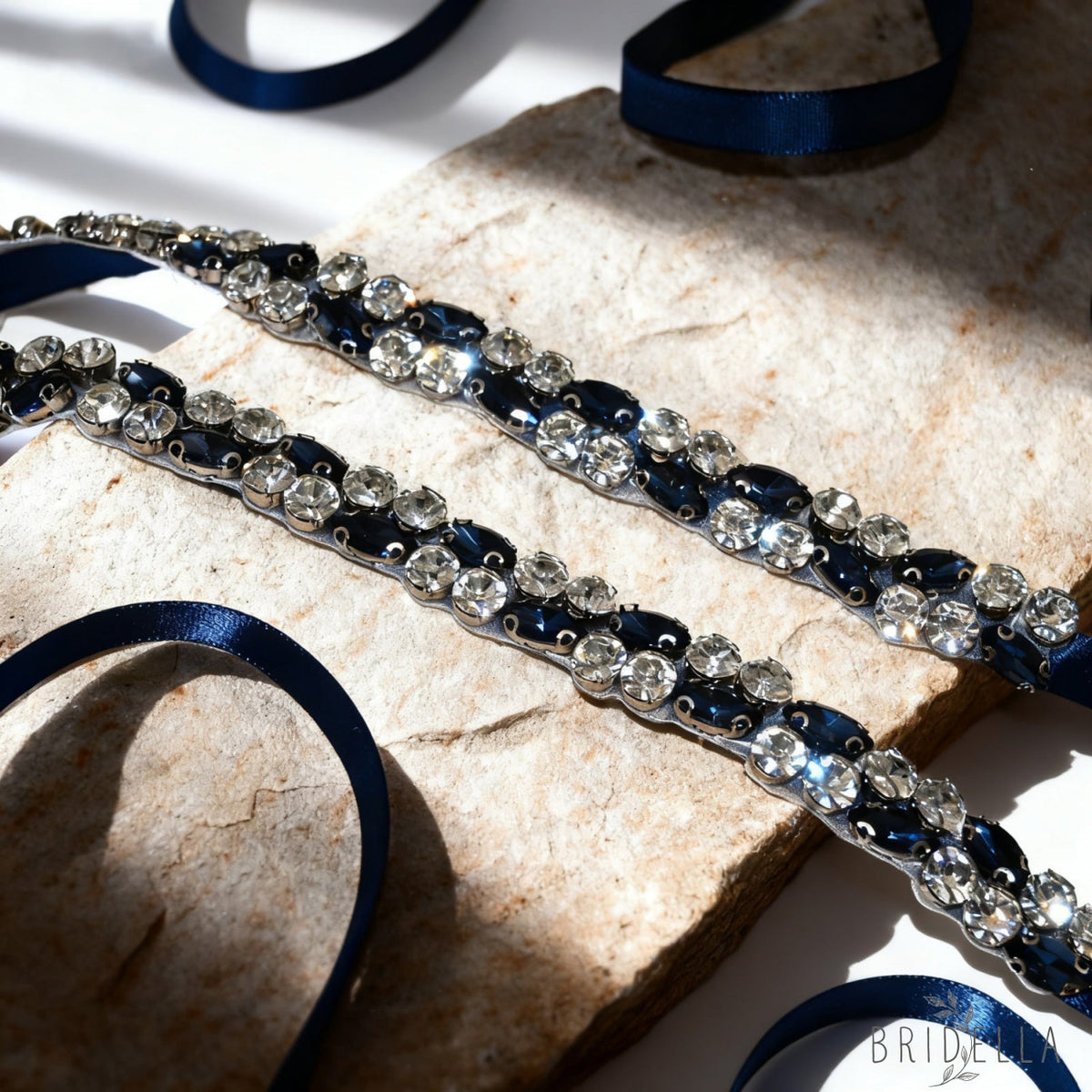Navy Rhinestone Bridal Belt Wedding Sash - Navy Blue RIbbon - Blets