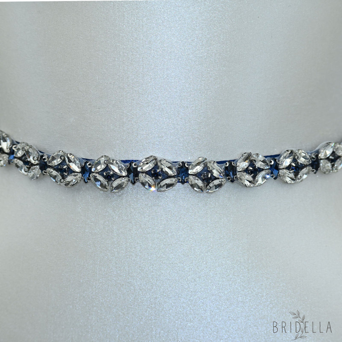 Navy Rhinestone Bridal Belt Wedding Sash - Bridella BS111ML - Navy Blue Ribbon - Belts