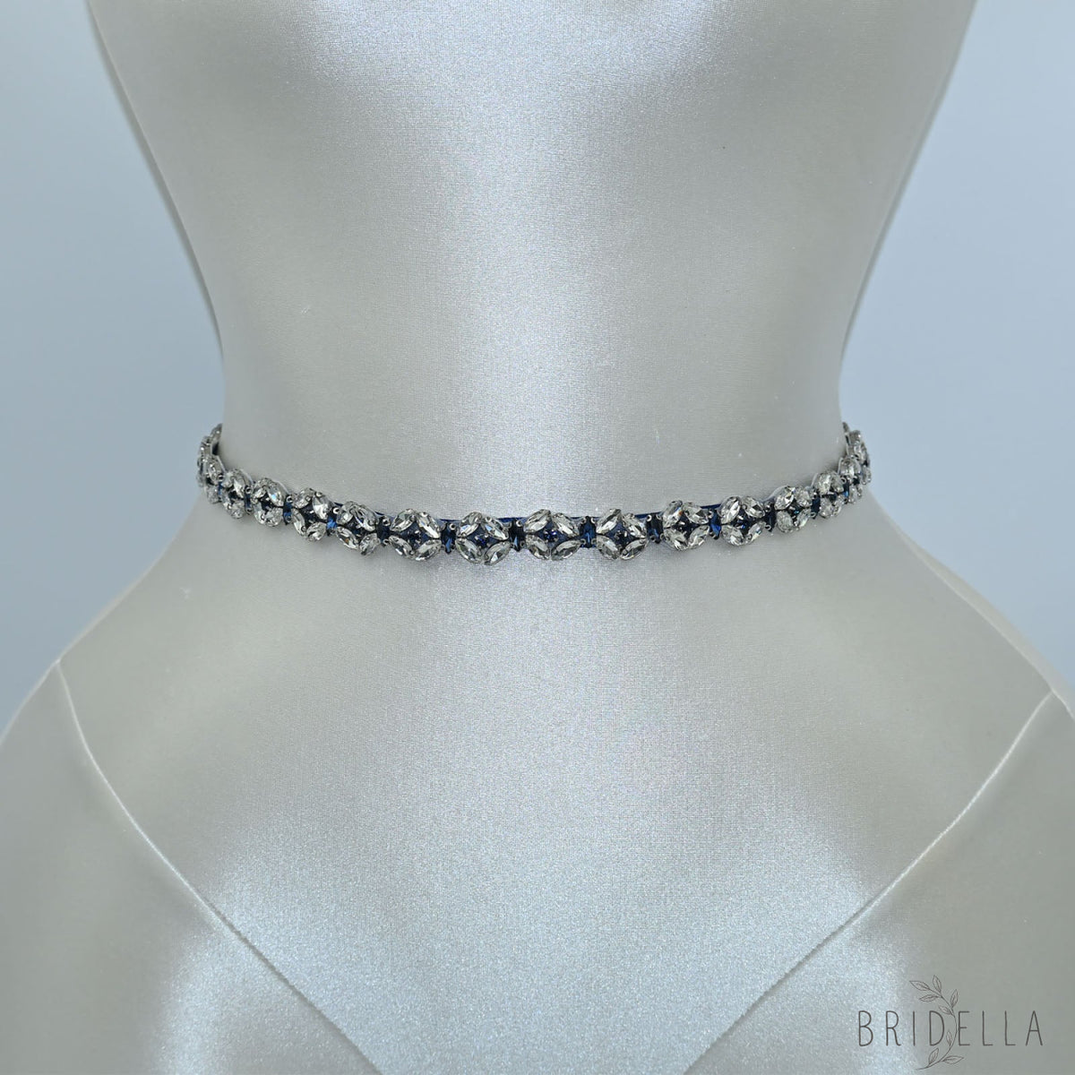 Navy Rhinestone Bridal Belt Wedding Sash - Bridella BS111ML - Navy Blue Ribbon - Belts