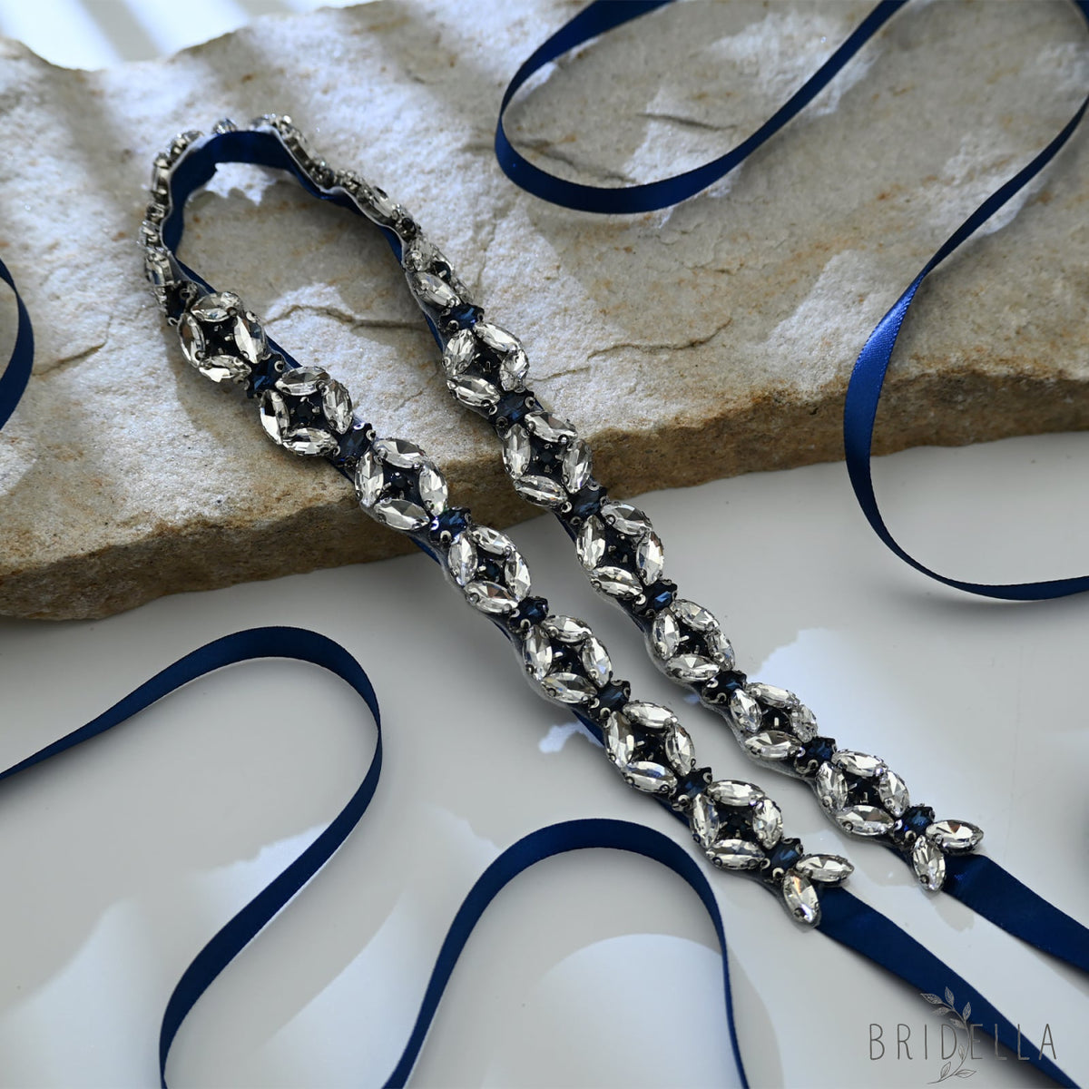 Navy Rhinestone Bridal Belt Wedding Sash - Bridella BS111ML - Navy Blue Ribbon - Belts