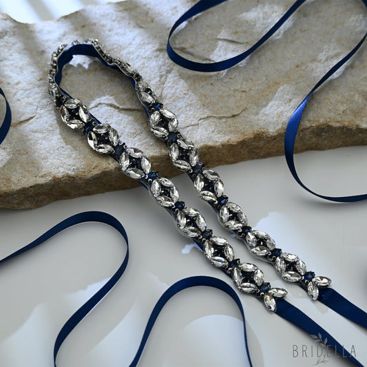 Navy Rhinestone Bridal Belt Wedding Sash - Bridella BS111ML - Navy Blue Ribbon - Belts