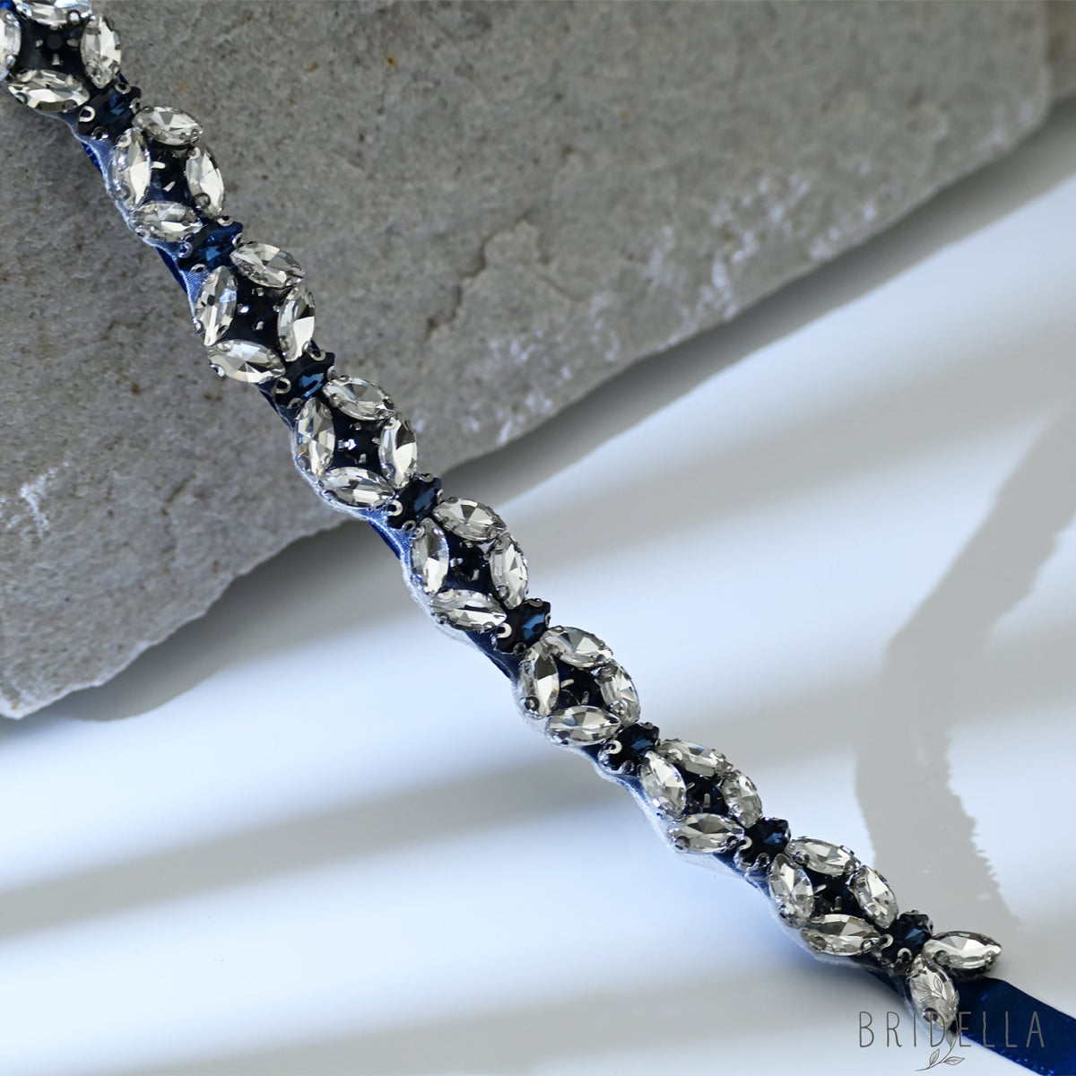 Navy Rhinestone Bridal Belt Wedding Sash - Bridella BS111ML - Navy Blue Ribbon - Belts