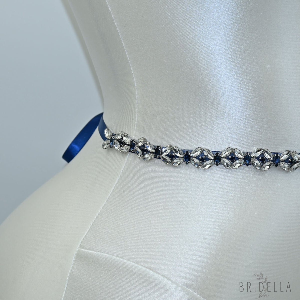 Navy Rhinestone Bridal Belt Wedding Sash - Bridella BS111ML - Navy Blue Ribbon - Belts