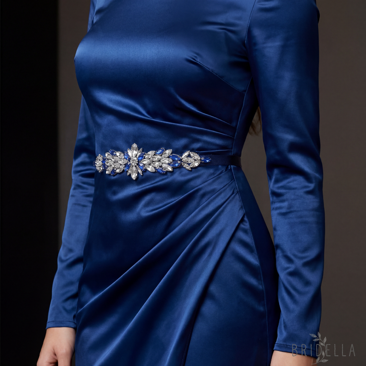 Navy Rhinestone Bridal Belt Wedding Sash – Bridella BS227ML - Navy Blue RIbbon - Blets