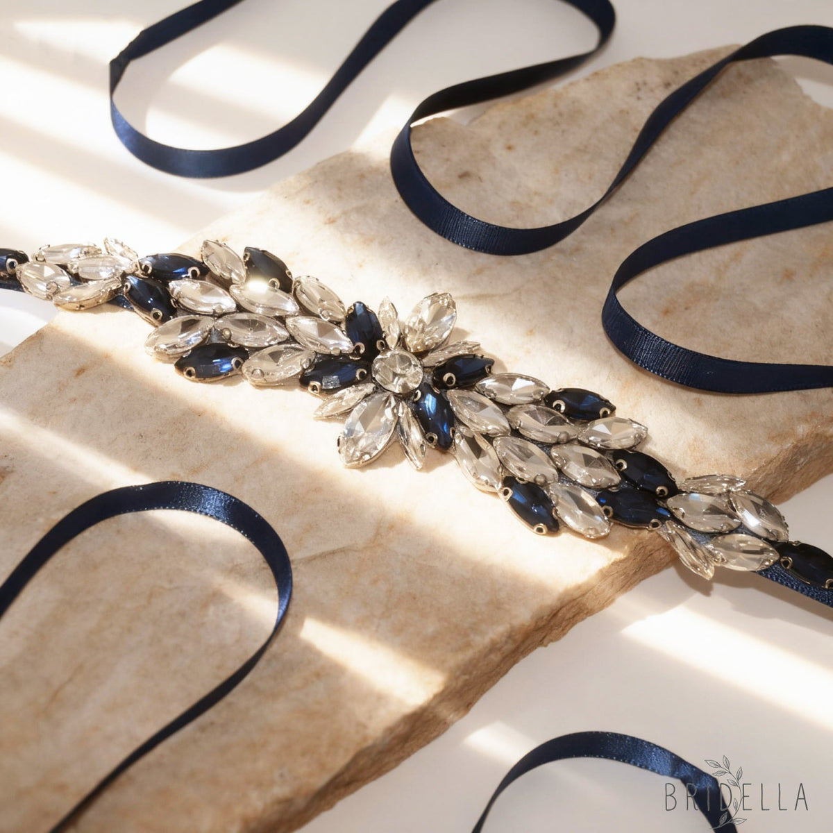 Navy Rhinestone Bridal Belt Wedding Sash – Bridella BS227ML - Navy Blue RIbbon - Blets