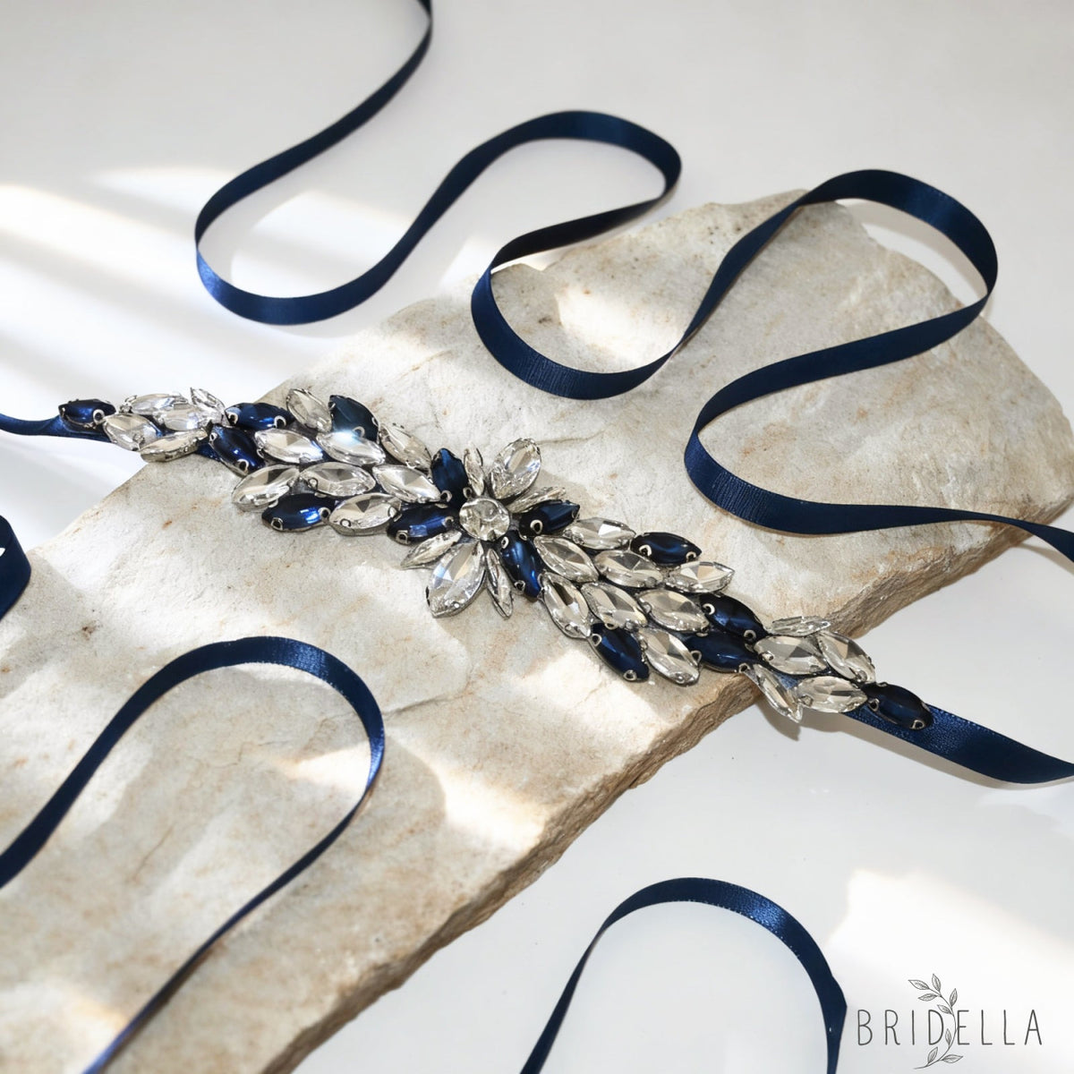 Navy Rhinestone Bridal Belt Wedding Sash – Bridella BS227ML - Navy Blue RIbbon - Blets