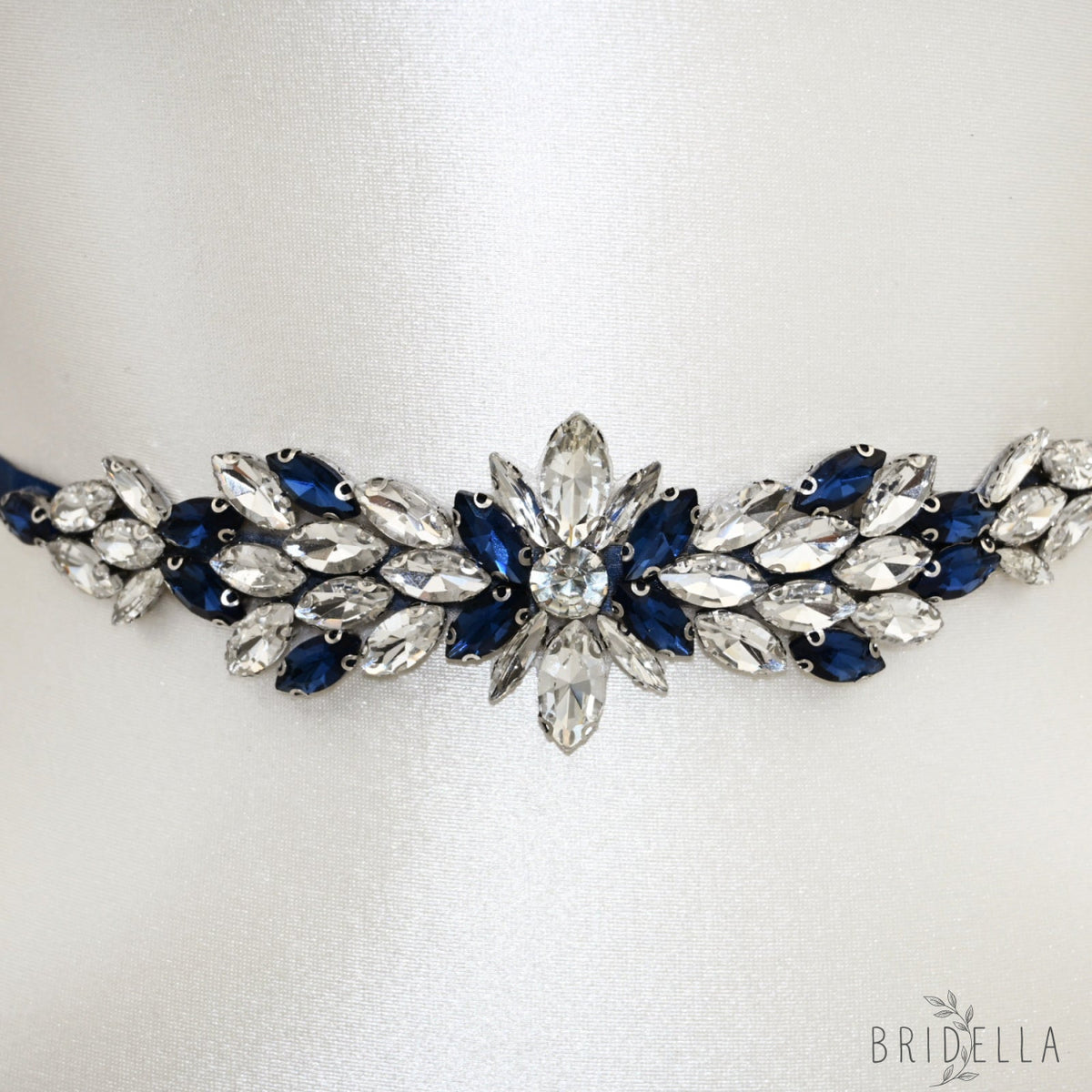 Navy Rhinestone Bridal Belt Wedding Sash – Bridella BS227ML - Navy Blue RIbbon - Blets