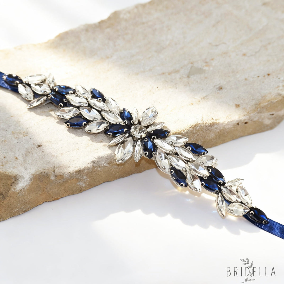 Navy Rhinestone Bridal Belt Wedding Sash – Bridella BS227ML - Navy Blue RIbbon - Blets