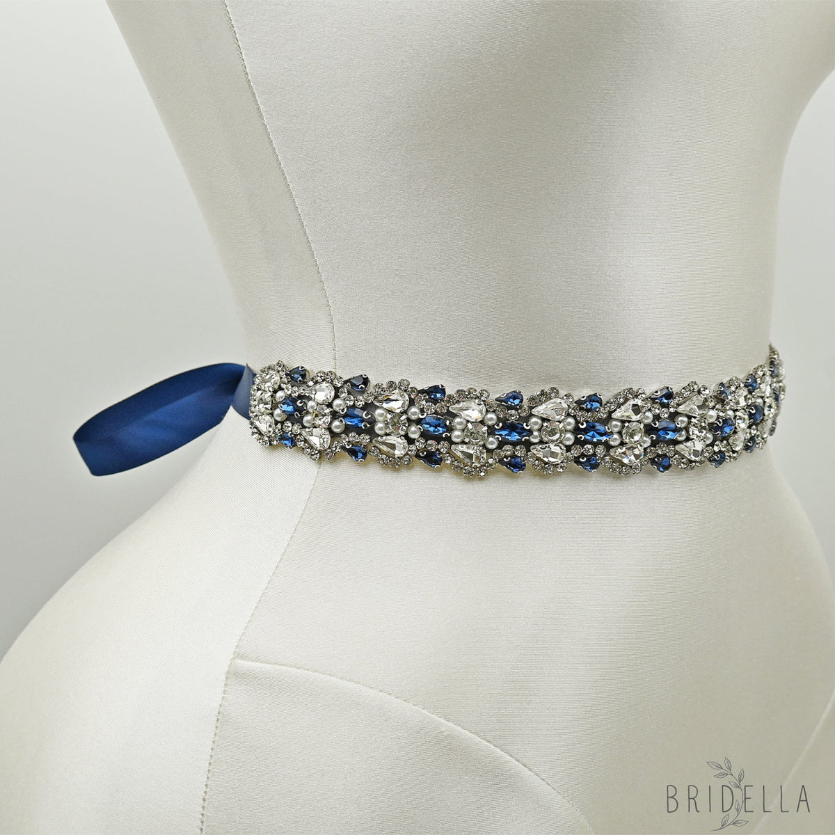 Navy Rhinestone Bridal Belt Wedding Sash – Bridella BS466ML - Navy Blue Ribbon - Blets