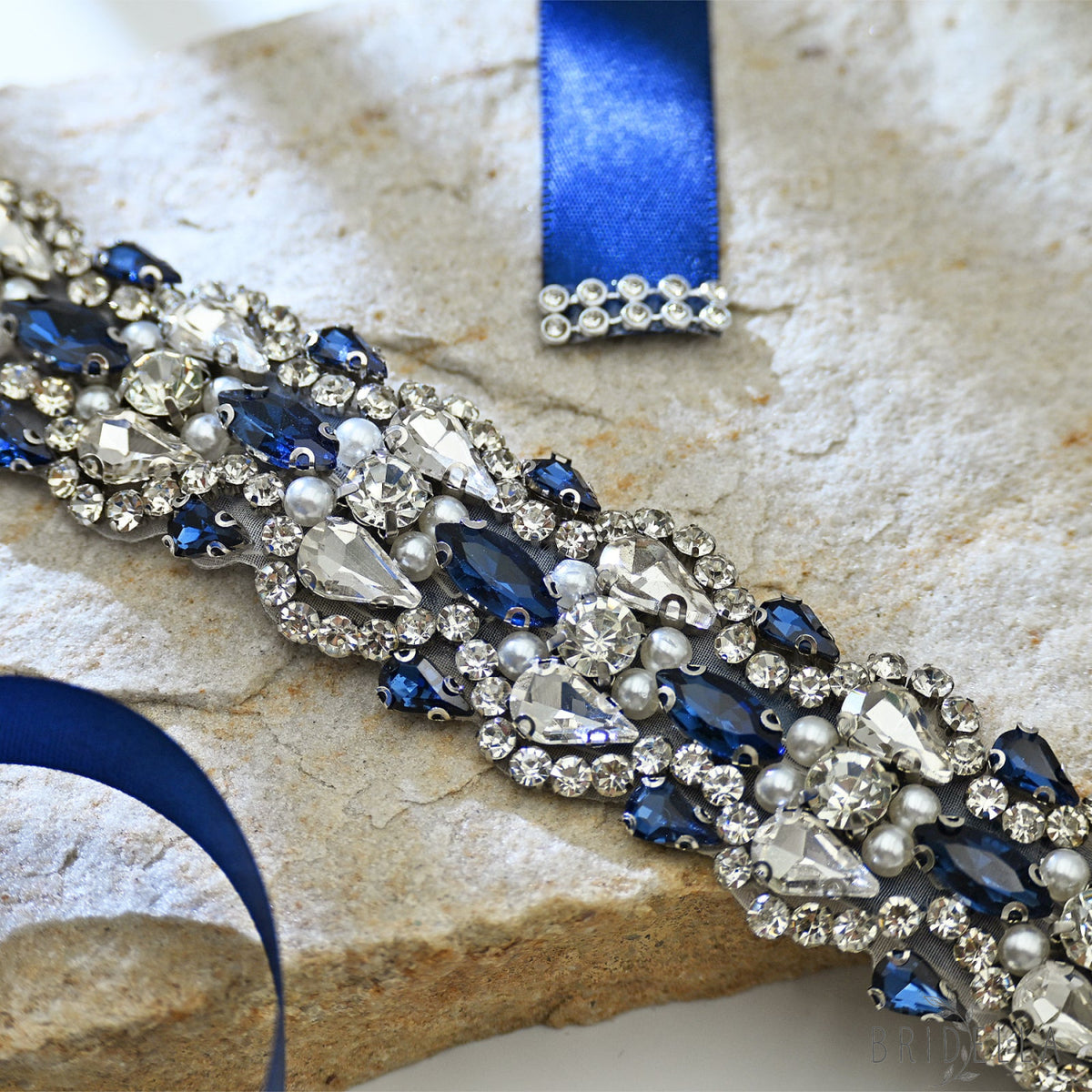 Navy Rhinestone Bridal Belt Wedding Sash – Bridella BS466ML - Navy Blue Ribbon - Blets