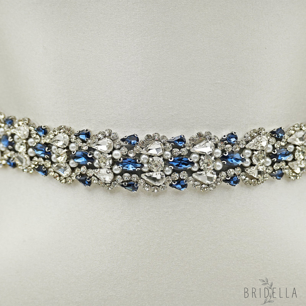 Navy Rhinestone Bridal Belt Wedding Sash – Bridella BS466ML - Navy Blue Ribbon - Blets