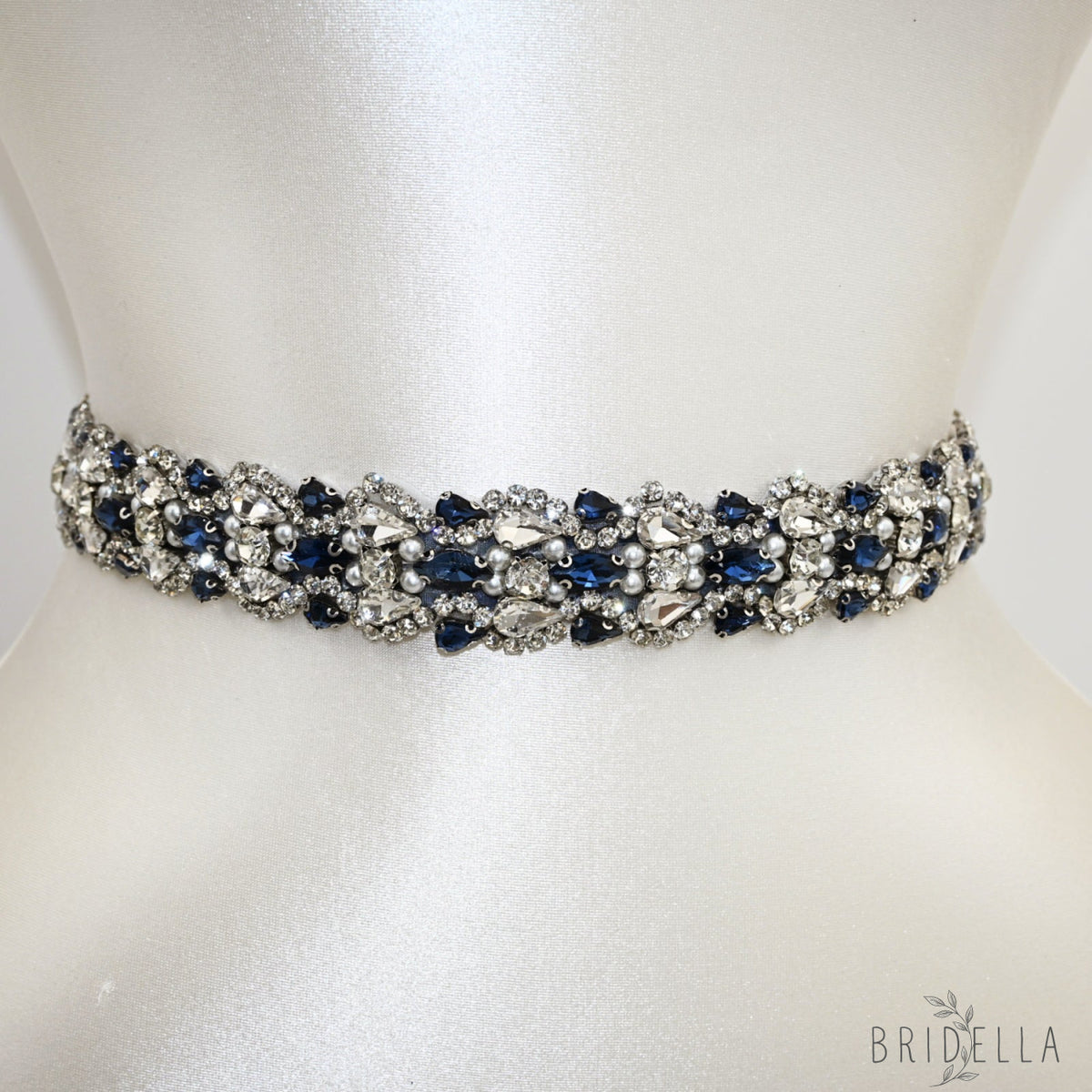 Navy Rhinestone Bridal Belt Wedding Sash – Bridella BS466ML - Navy Blue Ribbon - Blets