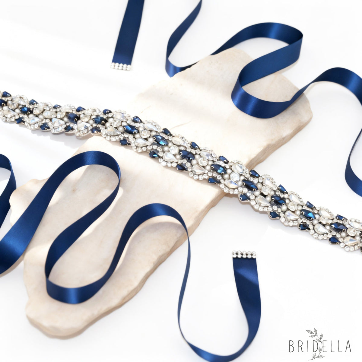 Navy Rhinestone Bridal Belt Wedding Sash – Bridella BS466ML - Navy Blue Ribbon - Blets