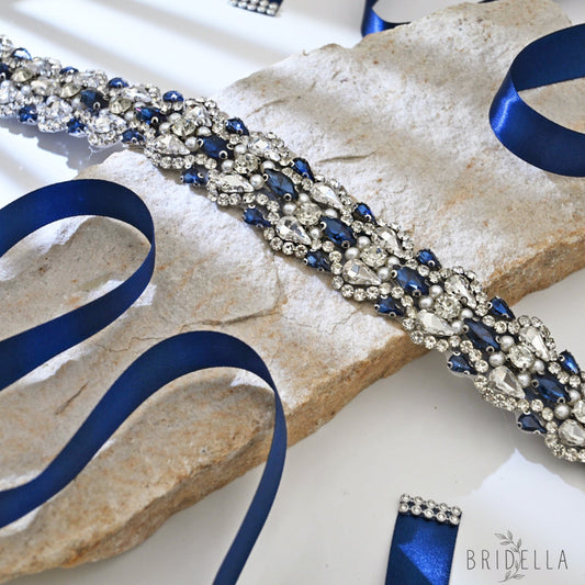 Navy Rhinestone Bridal Belt Wedding Sash – Bridella BS466ML - Navy Blue Ribbon - Blets